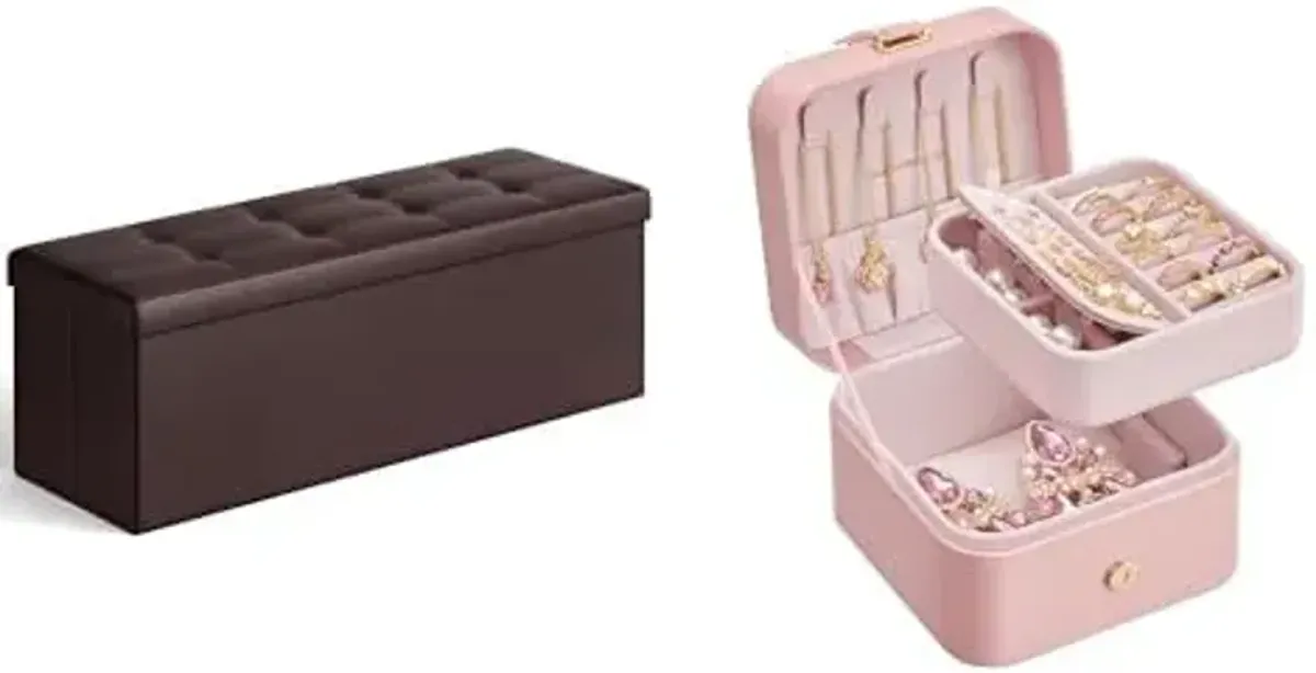 SONGMICS 43 Inches Folding Storage Ottoman Bench, Jewelry Box, Travel Jewelry Case, ULSF703 and UJBC185R02