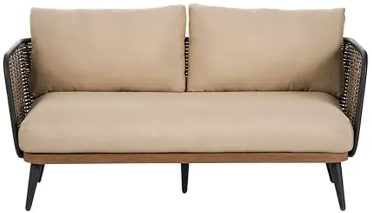 Christopher Knight Home Tobin Patio Loveseat, Outdoor 2-Seater Lounge Sofa, Woven Wicker Faux Rattan Accents, Iron Frame, Removable Water-Resistant Cushions, Porch/Backyard/Balcony, Beige+Black+Brown