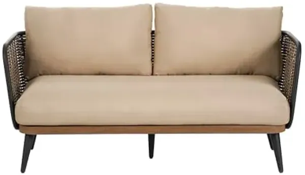 Christopher Knight Home Tobin Patio Loveseat, Outdoor 2-Seater Lounge Sofa, Woven Wicker Faux Rattan Accents, Iron Frame, Removable Water-Resistant Cushions, Porch/Backyard/Balcony, Beige+Black+Brown