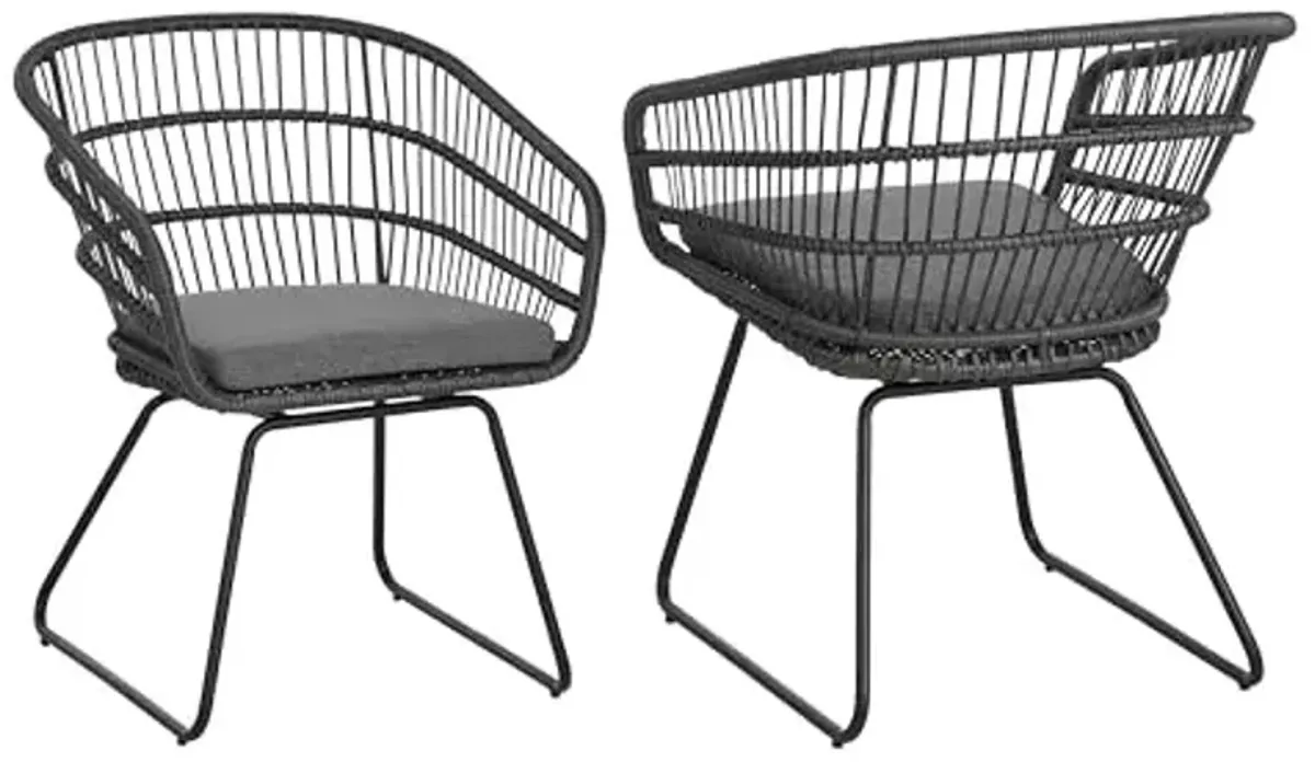 Christopher Knight Home Set of 2 Lemere Boho Industrial Patio Wicker Dining Chairs, Tub Design Outdoor Faux Rattan Wrapped Accent Armchair, Sturdy Metal Frame Garden Side Chair with Cushion, Gray