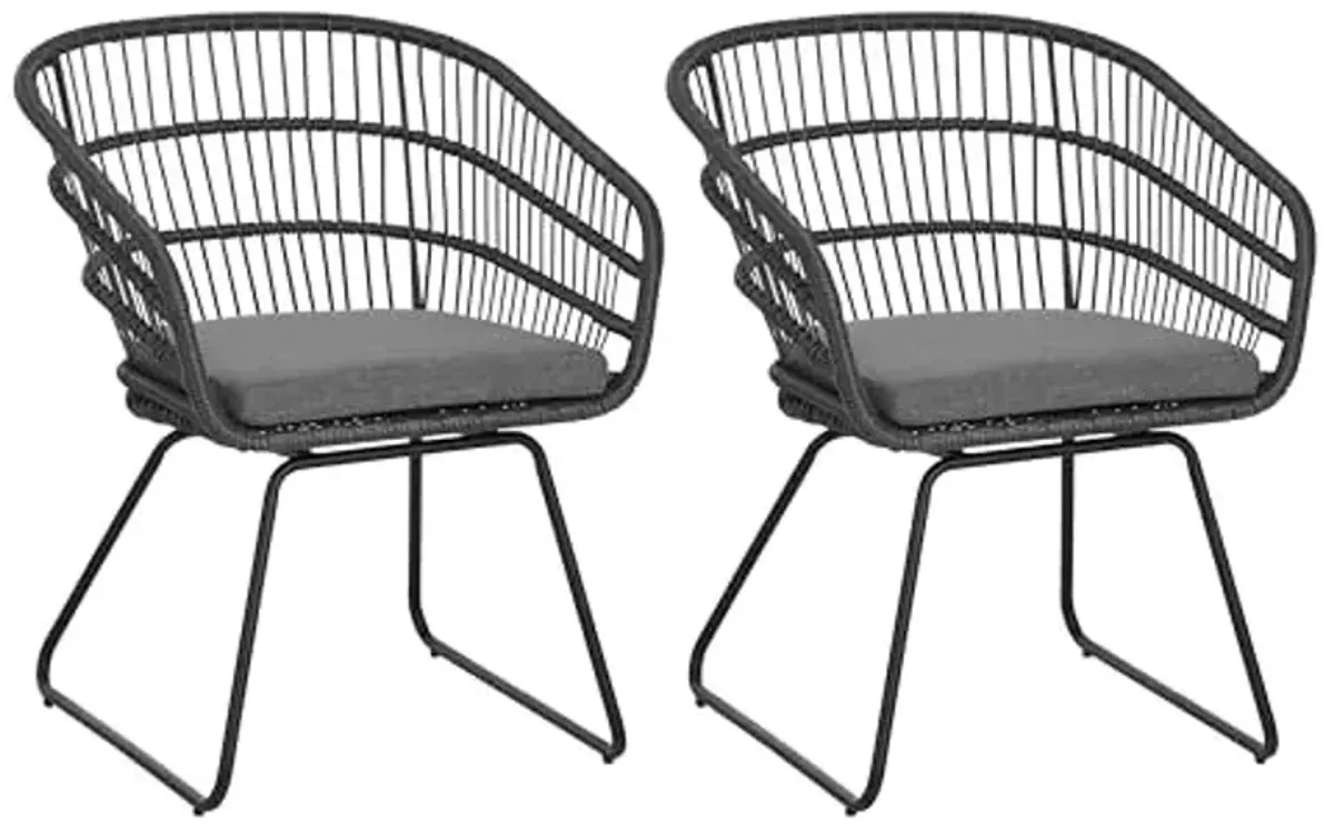 Christopher Knight Home Set of 2 Lemere Boho Industrial Patio Wicker Dining Chairs, Tub Design Outdoor Faux Rattan Wrapped Accent Armchair, Sturdy Metal Frame Garden Side Chair with Cushion, Gray