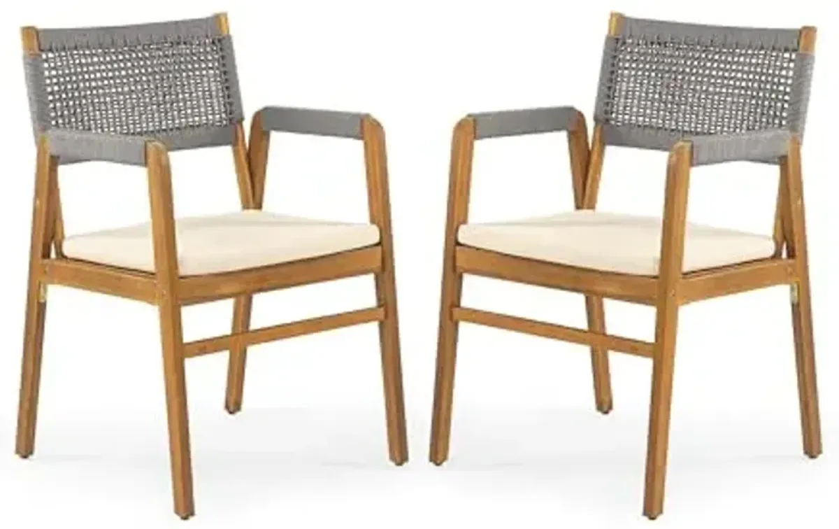 Christopher Knight Home Set of 2 Terry Farmhouse Country Patio Acacia Wood Dining Armchairs, Outdoor Side Chair with Rope Woven Backrest, Garden/Backyard Accent Chair with Cushions,Grey+Natural Brown