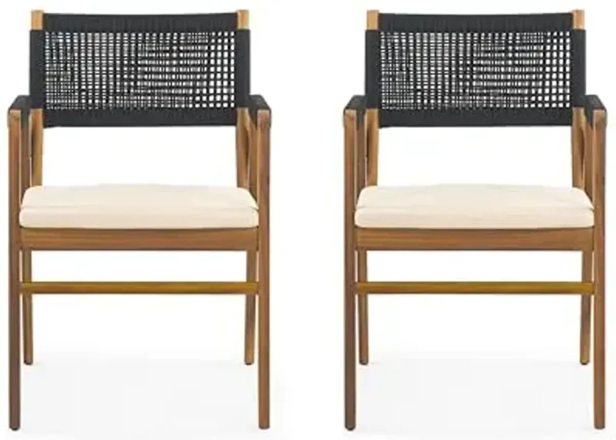 Christopher Knight Home Set of 2 Terry Farmhouse Country Patio Acacia Wood Dining Armchairs, Outdoor Side Chair with Rope Woven Backrest,Garden/Backyard Accent Chair with Cushions,Black+Natural Brown