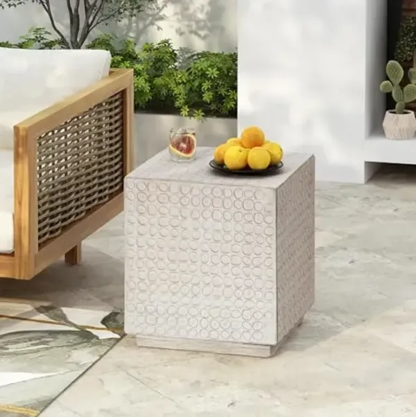 Christopher Knight Home Jeanie Outdoor Side Table Lightweight Concrete, Patio End Table Cube, MGO Fluted Coffee Table for Outside, Garden, Backyard, Poolside Accent Table, White Wash