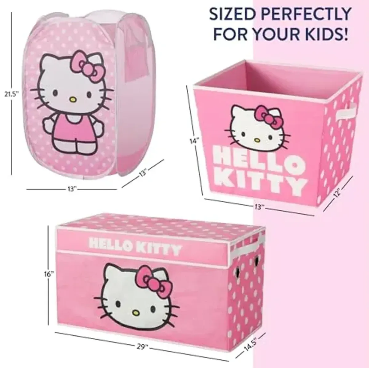 Hello Kitty 4 Piece Storage Solution Set with Pop Up Hamper, Collapsible Storage Trunk and 2 Nestable Storage Bins