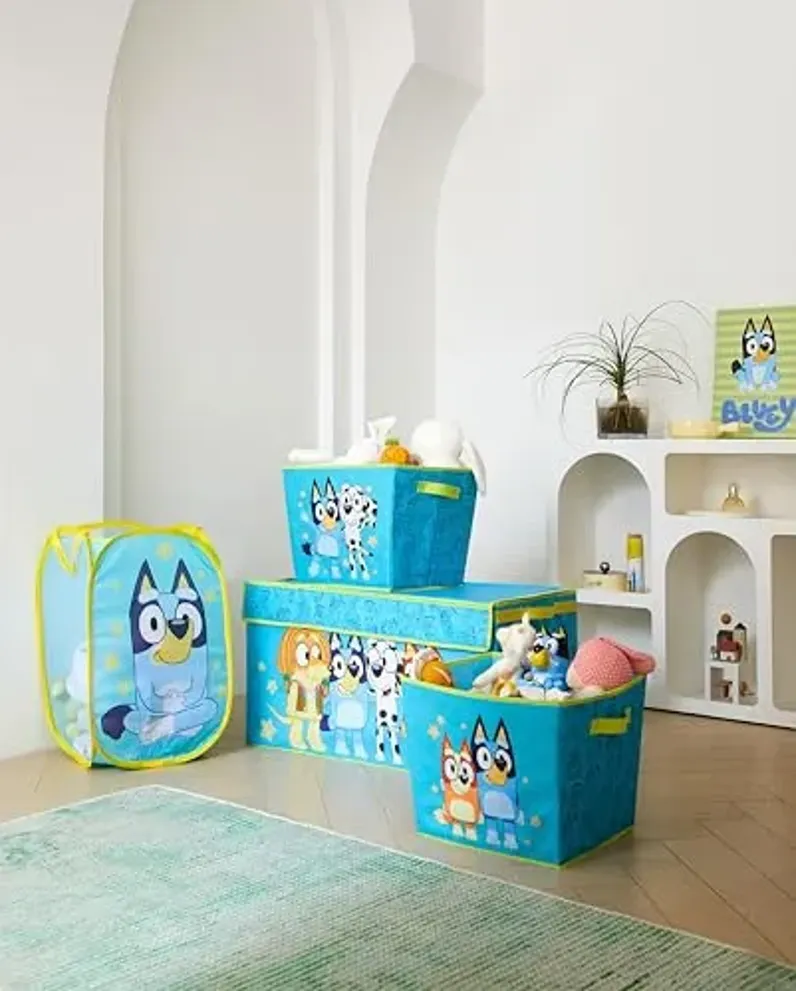 Bluey 4 Piece Storage Solution Set with Pop Up Hamper, Collapsible Storage Trunk and 2 Nestable Storage Bins