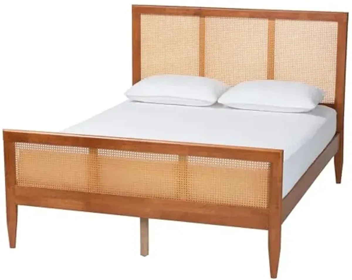 Baxton Studio Walthard Mid-Century Light Walnut King Platform Bed with Woven Rattan
