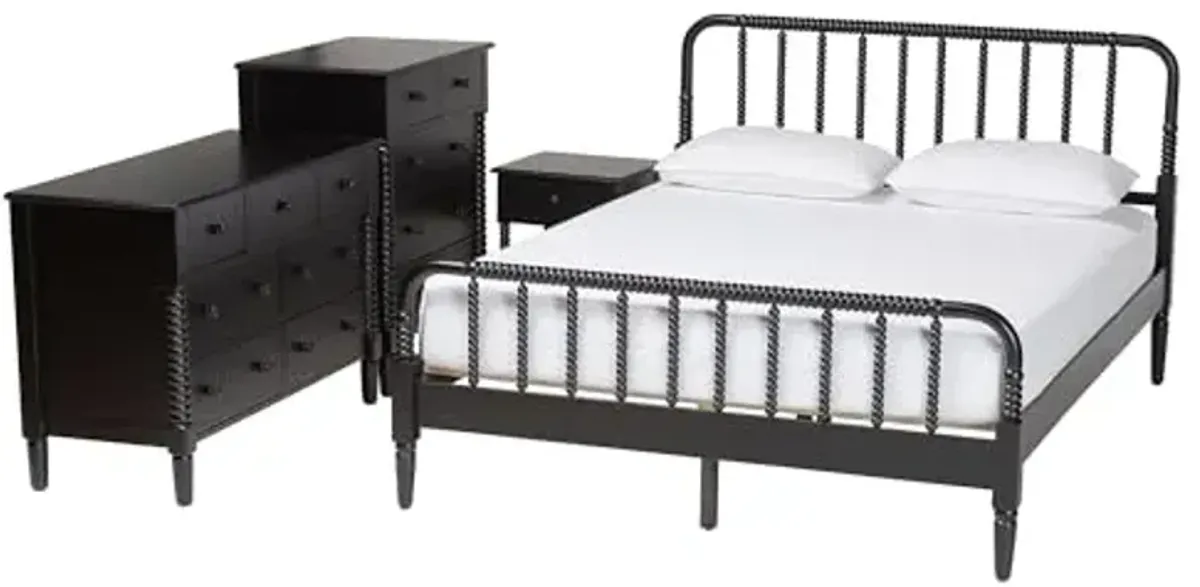 Baxton Studio Braith Farmhouse Black Spindle Wood Queen Size 4-Piece Bedroom Set