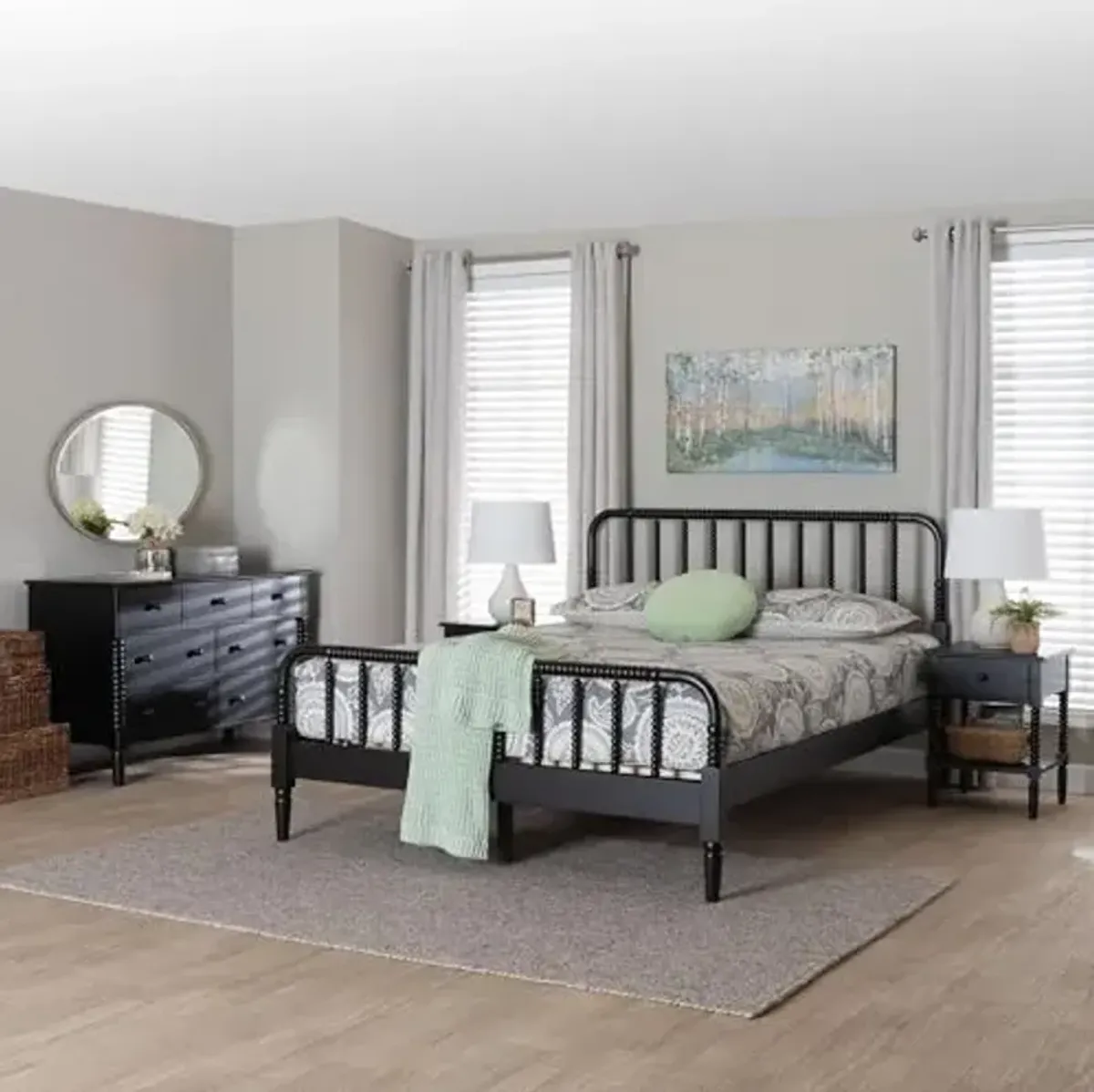 Baxton Studio Braith Spindle Wood Bedroom Set with Two, 4-Piece, King, 2 Nightstands Included, Black