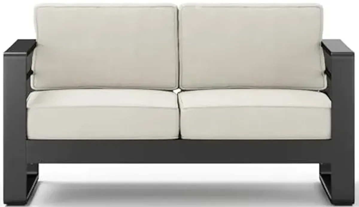 Christopher Knight Home Dessa Patio Loveseat, Aluminum Couch, 2 Seater Sofa, Stable Aluminum Frame Armchair, Spacious Seating, Outdoor Loveseat with Cushions for Backyard Garden Balcony, Black+Beige