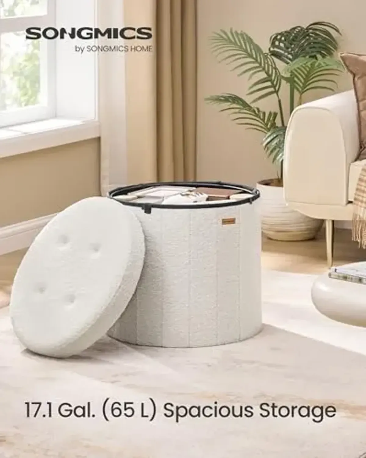 SONGMICS Mazie Collection - Round Storage Ottoman, Folding Footrest Stool with Removable Lid, Easy Assembly, Teddy Fleece Vanity Stool for Bedroom, Living Room, Entryway, Cream White ULSF606W01