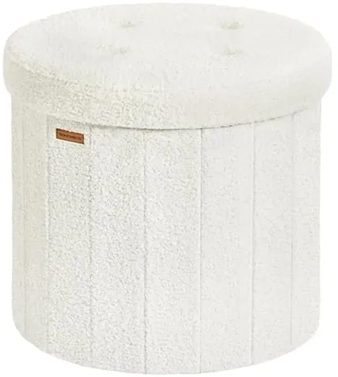 SONGMICS Mazie Collection - Round Storage Ottoman, Folding Footrest Stool with Removable Lid, Easy Assembly, Teddy Fleece Vanity Stool for Bedroom, Living Room, Entryway, Cream White ULSF606W01