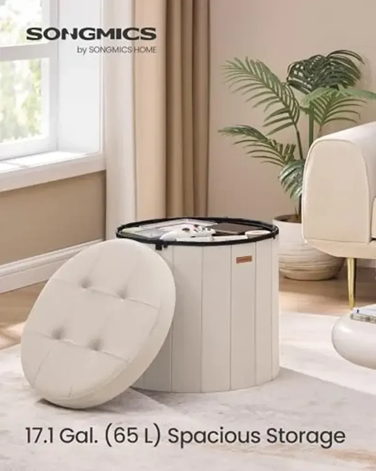 SONGMICS Mazie Collection - Round Storage Ottoman, Folding Footrest Stool with Removable Lid, Easy Assembly, Velvet Vanity Stool for Bedroom, Living Room, Entryway, Cappuccino Beige ULSF608L01