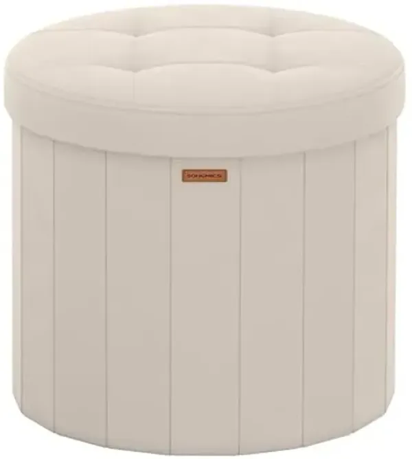 SONGMICS Mazie Collection - Round Storage Ottoman, Folding Footrest Stool with Removable Lid, Easy Assembly, Velvet Vanity Stool for Bedroom, Living Room, Entryway, Cappuccino Beige ULSF608L01
