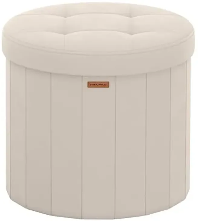 SONGMICS Mazie Collection - Round Storage Ottoman, Folding Footrest Stool with Removable Lid, Easy Assembly, Velvet Vanity Stool for Bedroom, Living Room, Entryway, Cappuccino Beige ULSF608L01