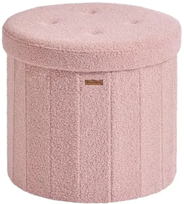 SONGMICS Mazie Collection - Round Storage Ottoman, Folding Footrest Stool with Removable Lid, Easy Assembly, Teddy Fleece Vanity Stool for Bedroom, Living Room, Entryway, Jelly Pink ULSF606R01