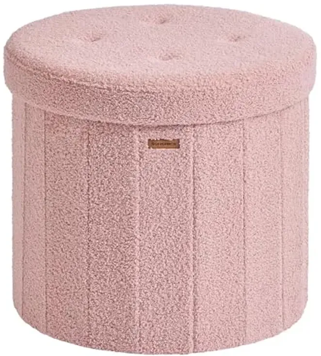 SONGMICS Mazie Collection - Round Storage Ottoman, Folding Footrest Stool with Removable Lid, Easy Assembly, Teddy Fleece Vanity Stool for Bedroom, Living Room, Entryway, Jelly Pink ULSF606R01