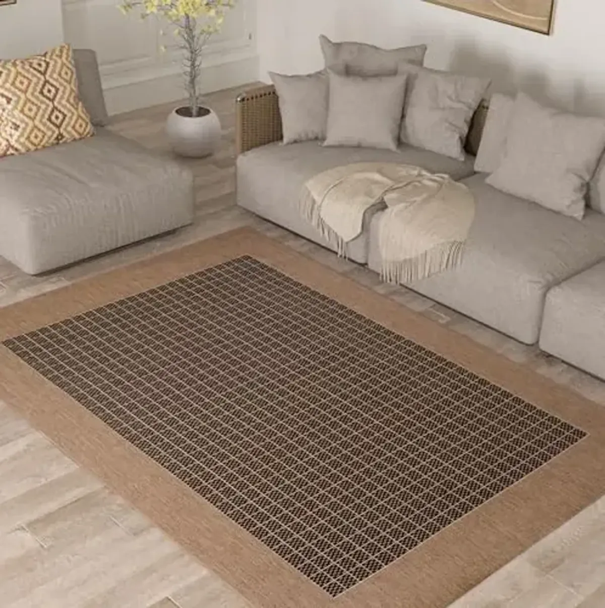 Couristan Recife Indoor Outdoor Rug - Checkered Field 7'6" Round in Black and Brown, Hose Washable, Low Pile, Pet- Kid Friendly Home Decor for Living Room, Patio Furniture Set, Kitchen