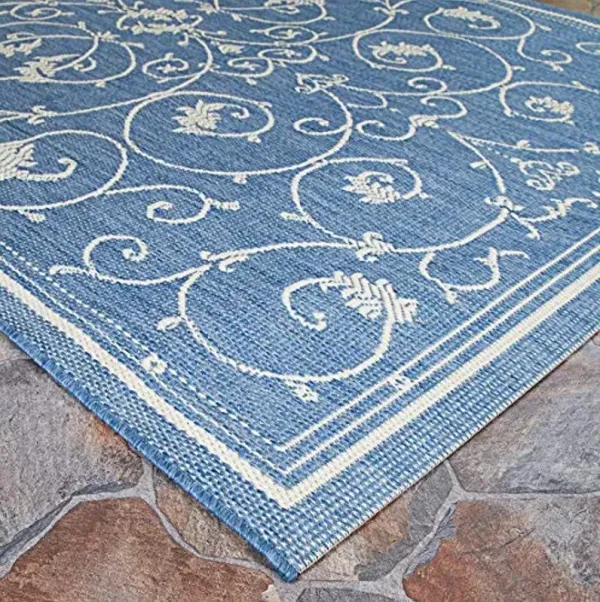 Couristan Recife Indoor Outdoor Rug - Veranda 7'6" Round in Ivory and Blue, Floral Scroll, Hose Washable, Pet- Kid Friendly Home Decor for Living Room, Patio Furniture Set, Kitchen