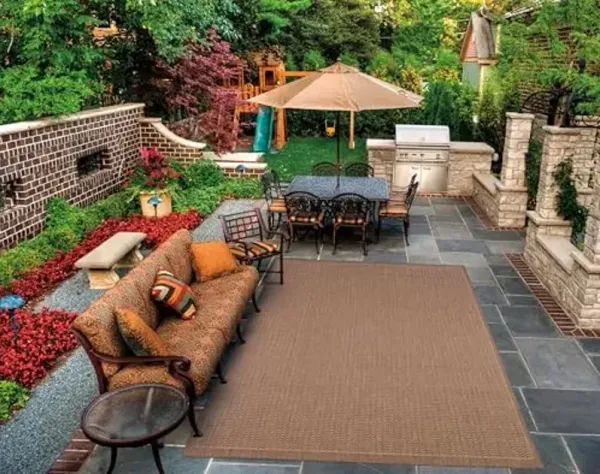 Couristan Recife Indoor Outdoor Rug - Saddle Stitch 5'3" x 7'6" Rectangle in Brown and Tan, Low Pile, Hose Washable, Pet- Kid Friendly Home Decor for Living Room, Patio Furniture Set, Kitchen