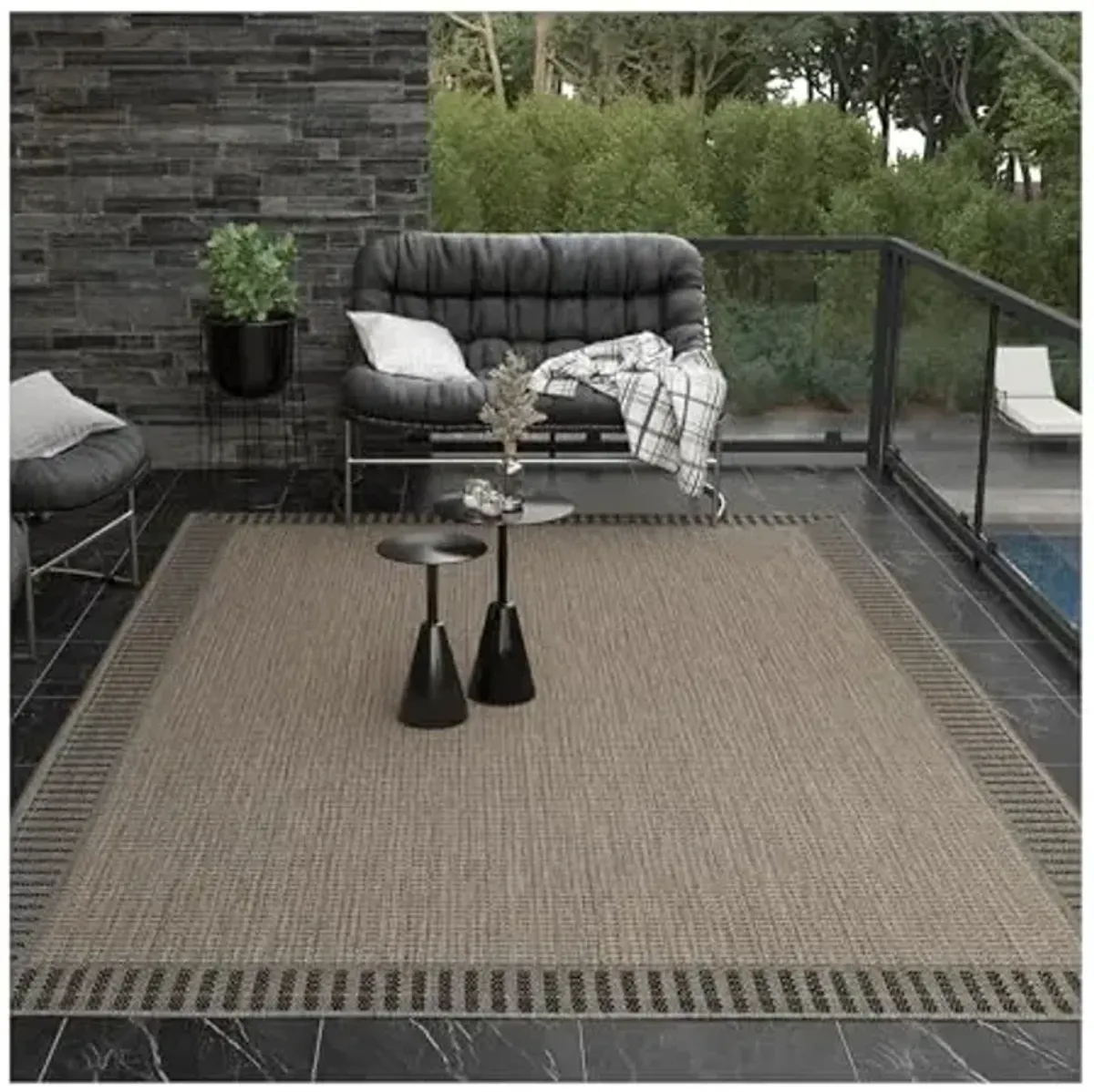 Couristan Recife Indoor Outdoor Rug - Wicker Stitch 6'2" x 9'2" Rectangle in Brown and Black, Hose Washable, Low Pile, Pet- Kid Friendly Home Decor for Living Room, Patio Furniture Set, Kitchen