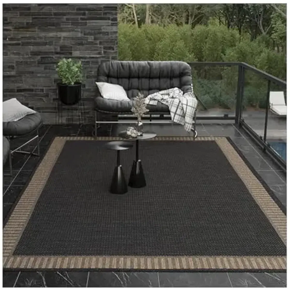 Couristan Recife Indoor Outdoor Rug - Wicker Stitch 6'2" x 9'2" Rectangle in Black and Brown, Hose Washable, Low Pile, Pet- Kid Friendly Home Decor for Living Room, Patio Furniture Set, Kitchen