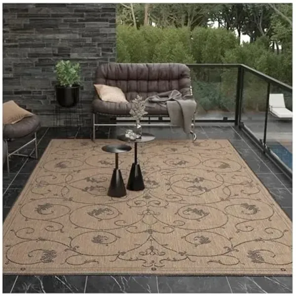 Couristan Recife Indoor Outdoor Rug - Veranda 6'2" x 9'2" Rectangle in Brown and Black, Floral Scroll, Hose Washable, Pet- Kid Friendly Home Decor for Living Room, Patio Furniture Set, Kitchen