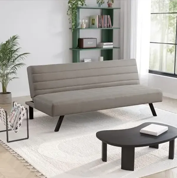 Serta® Damien 66.1" Convertible Futon Sofa, Dreamcoil® Comfort, FingerGuard® Pinch Point Protection, Woven Polyester Fabric, Taupe