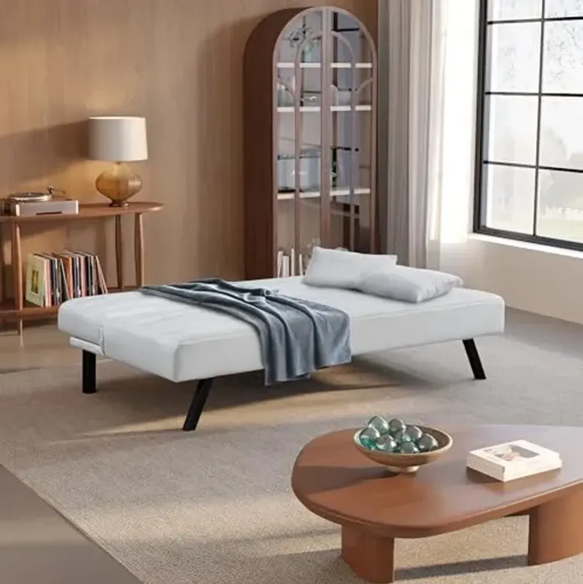 Serta® Damien 66.1" Convertible Futon Sofa, Dreamcoil® Comfort, FingerGuard® Pinch Point Protection, Woven Polyester Fabric, Ivory