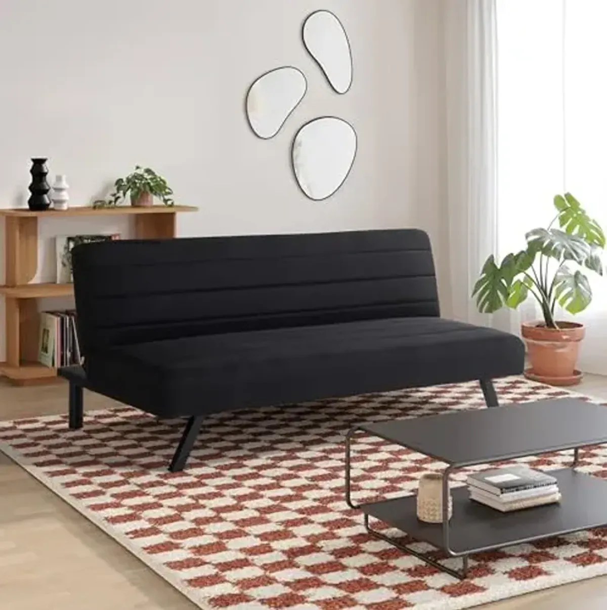 Serta® Damien 66.1" Convertible Futon Sofa, Dreamcoil® Comfort, FingerGuard® Pinch Point Protection, Woven Polyester Fabric, Black