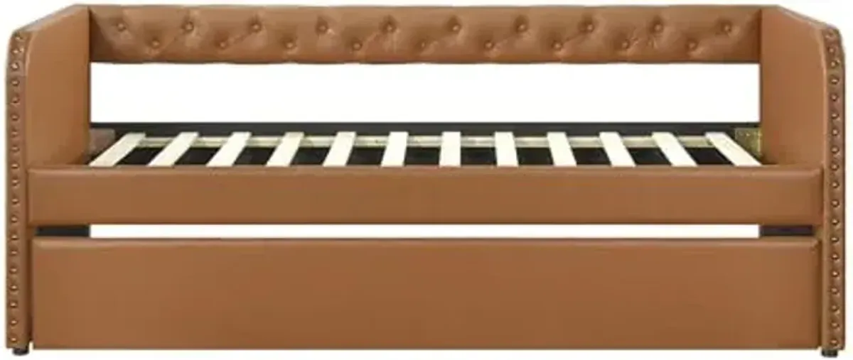 Lexicon Faux Leather Daybed with Trundle, Solid Wood Frame, Nailhead Trim, Wood Slat Support, Button Tufted Trundle Day Bed Sofa Bed for Bedroom/Guest Room, No Box Spring Needed, Twin, Matte Brown