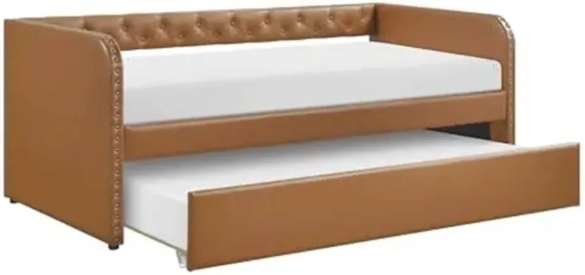 Lexicon Faux Leather Daybed with Trundle, Solid Wood Frame, Nailhead Trim, Wood Slat Support, Button Tufted Trundle Day Bed Sofa Bed for Bedroom/Guest Room, No Box Spring Needed, Twin, Matte Brown