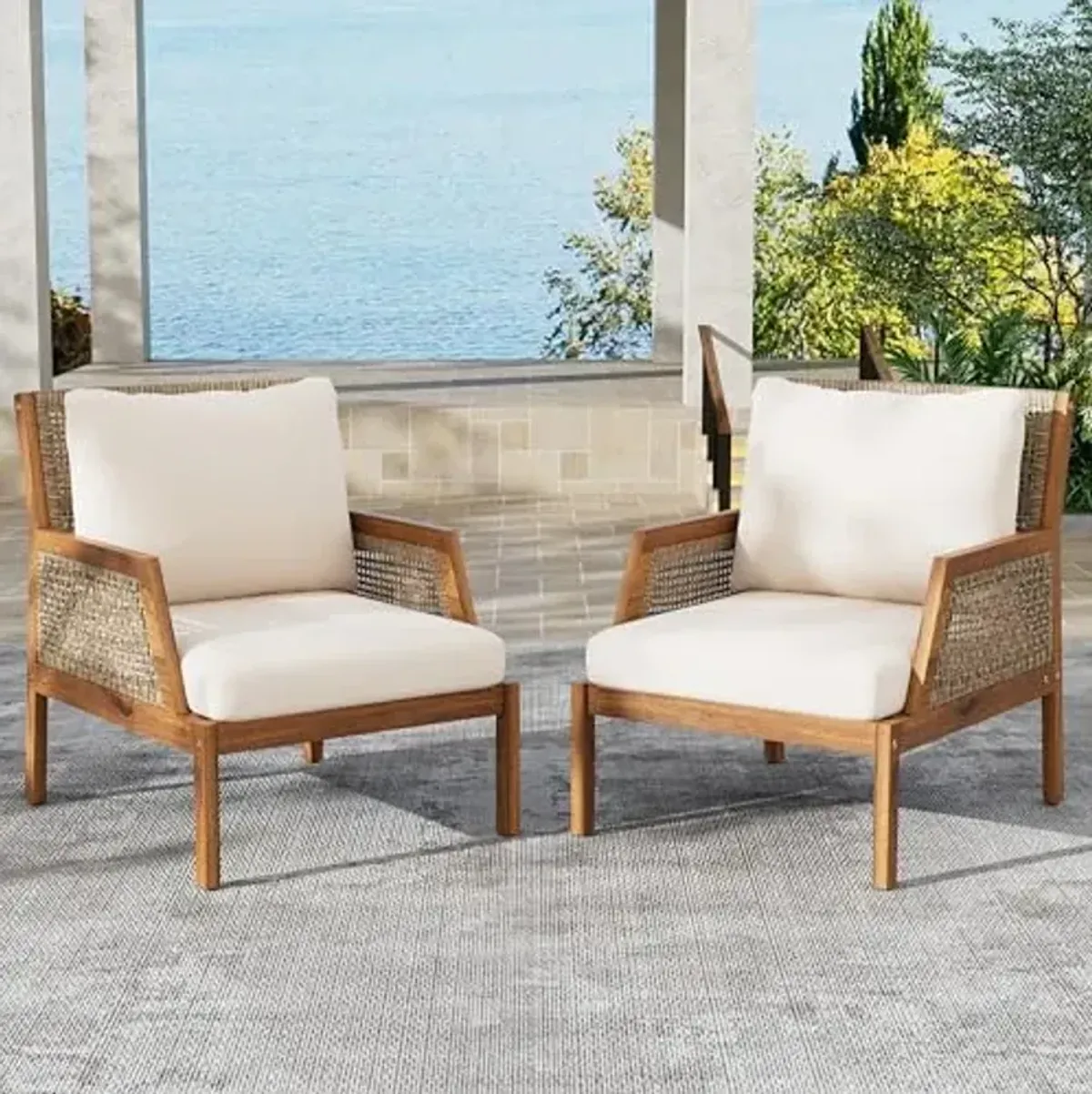 Christopher Knight Home Lena Patio Accent Chairs Set of 2, Acacia Wood Club Chairs, Wicker Backrest Armchair, Comfort Cushion Seating Chair, Wooden Legs Chair for Balcony Backyard Garden, Teak+Cream