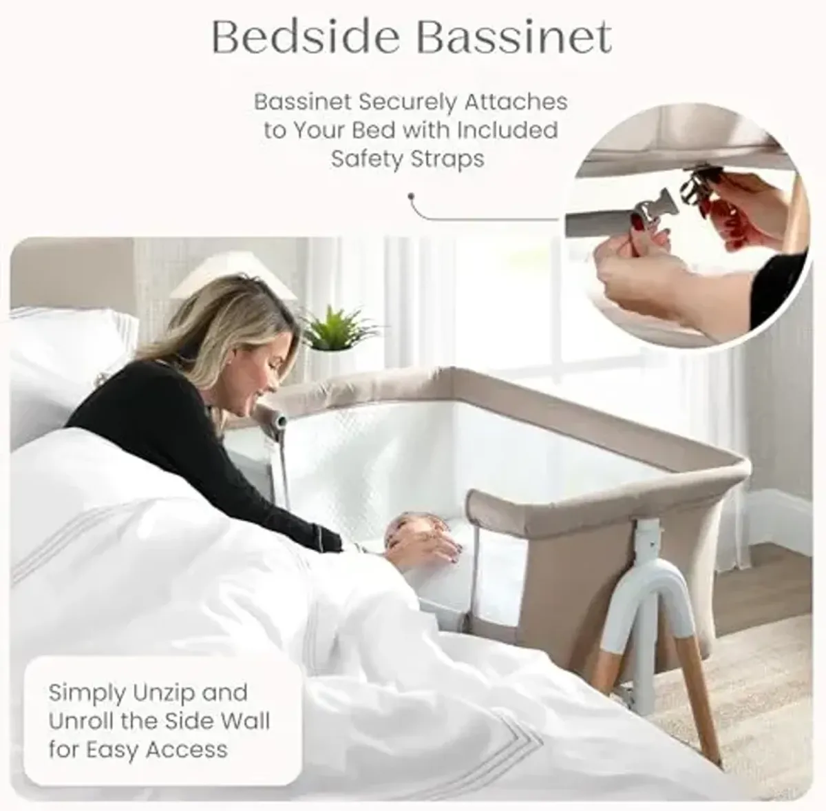 Delta Children Bondi Adjustable Height Bedside Beechwood Bassinet with PureAir Mesh Sheet and FSC-Certified Wood, Tan