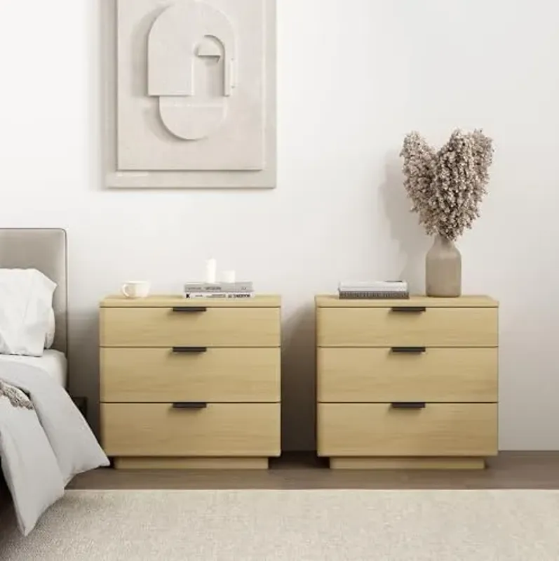 Manhattan Comfort Payton Modern Night Stand, 3-Drawer Nightstand with Elegant Metal Handles, Pedestal Base & Smooth Rounded Corners, Versatile Wood Side Table, Set of 2, Natural Oak & Black