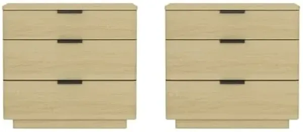 Manhattan Comfort Payton Modern Night Stand, 3-Drawer Nightstand with Elegant Metal Handles, Pedestal Base & Smooth Rounded Corners, Versatile Wood Side Table, Set of 2, Natural Oak & Black