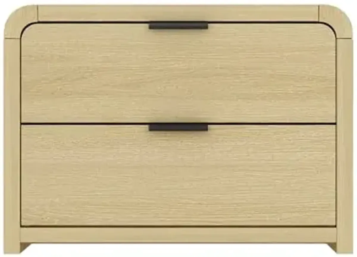 Manhattan Comfort Grace Modern Rounded Nightstand with 2 Drawers and Metal Handles, Minimalist End Table, Scandinavian Accent Table for Bedroom, Office, or Living Room in Natural Oak and Black