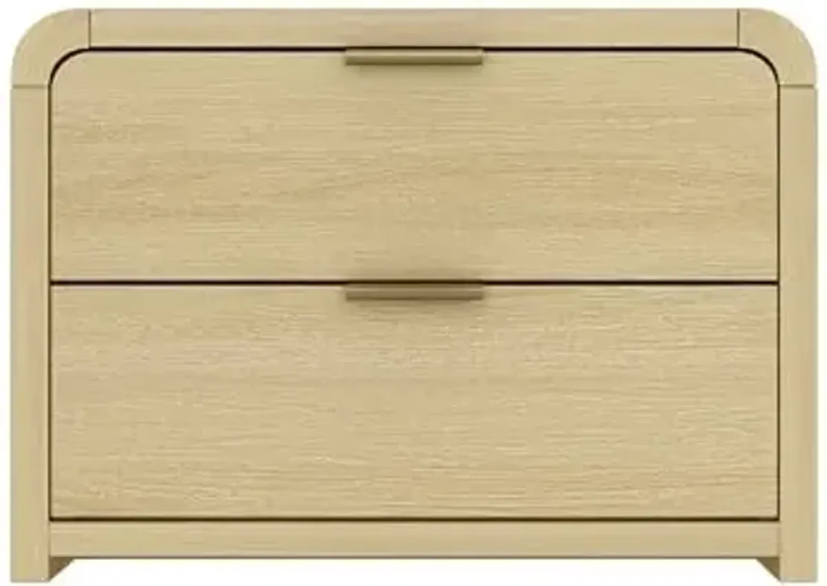 Manhattan Comfort Grace Modern Rounded Nightstand with 2 Drawers and Metal Handles, Minimalist End Table, Scandinavian Accent Table for Bedroom, Office, or Living Room in Natural Oak and Gold