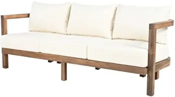 Christopher Knight Home Havets 74.75"W Outdoor 3 Seater Sofa, 6" Thick Cushion Couch, Acacia Wood Bench Sofa, Slats Panel Open Back, Spacious Seating Bench Couch for Backyard Garden Porch, Brown+Beige