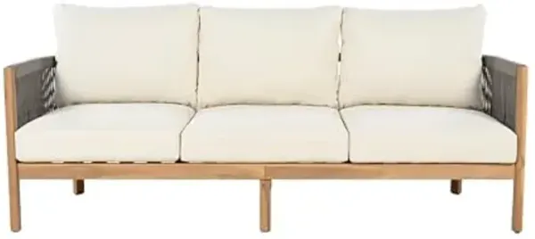 Christopher Knight Home Havets 77"W Outdoor 3 Seater Sofa, 6" Thick Cushion Couch, Acacia Wood Bench Sofa, Comfy Woven Rope Armchair, Spacious Seating Bench Couch for Backyard Garden Porch, Gray+Beige