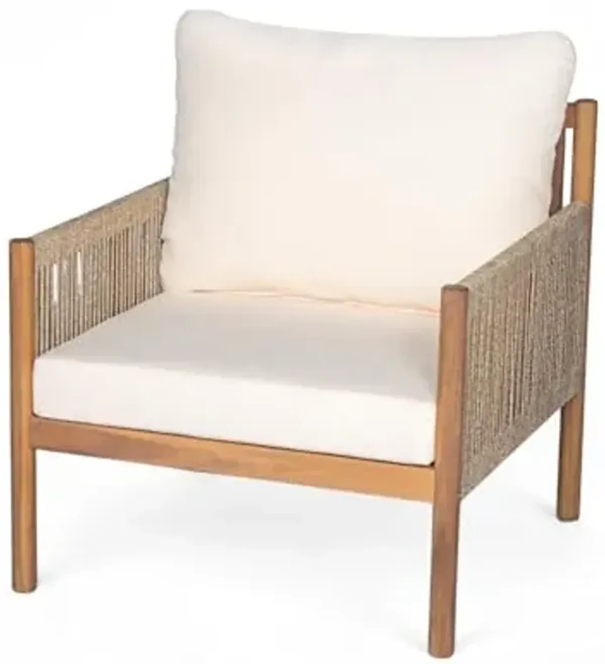 Christopher Knight Home Barris Lounge Chair Outdoor, Patio Accent Chair, Comfy Reading Single Sofa, Wooden Frame+Rope Woven+Removable Cushion, for Garden/Backyard/Balcony/Poolside, Teak+Beige