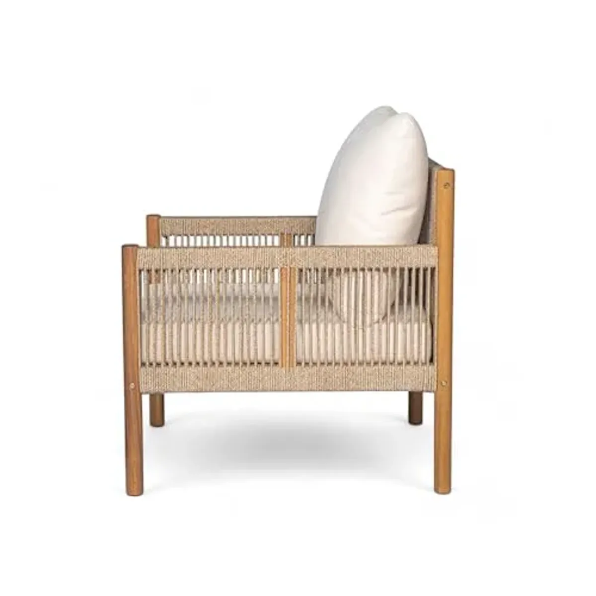 Christopher Knight Home Barris Lounge Chair Outdoor, Patio Accent Chair, Comfy Reading Single Sofa, Wooden Frame+Rope Woven+Removable Cushion, for Garden/Backyard/Balcony/Poolside, Teak+Beige