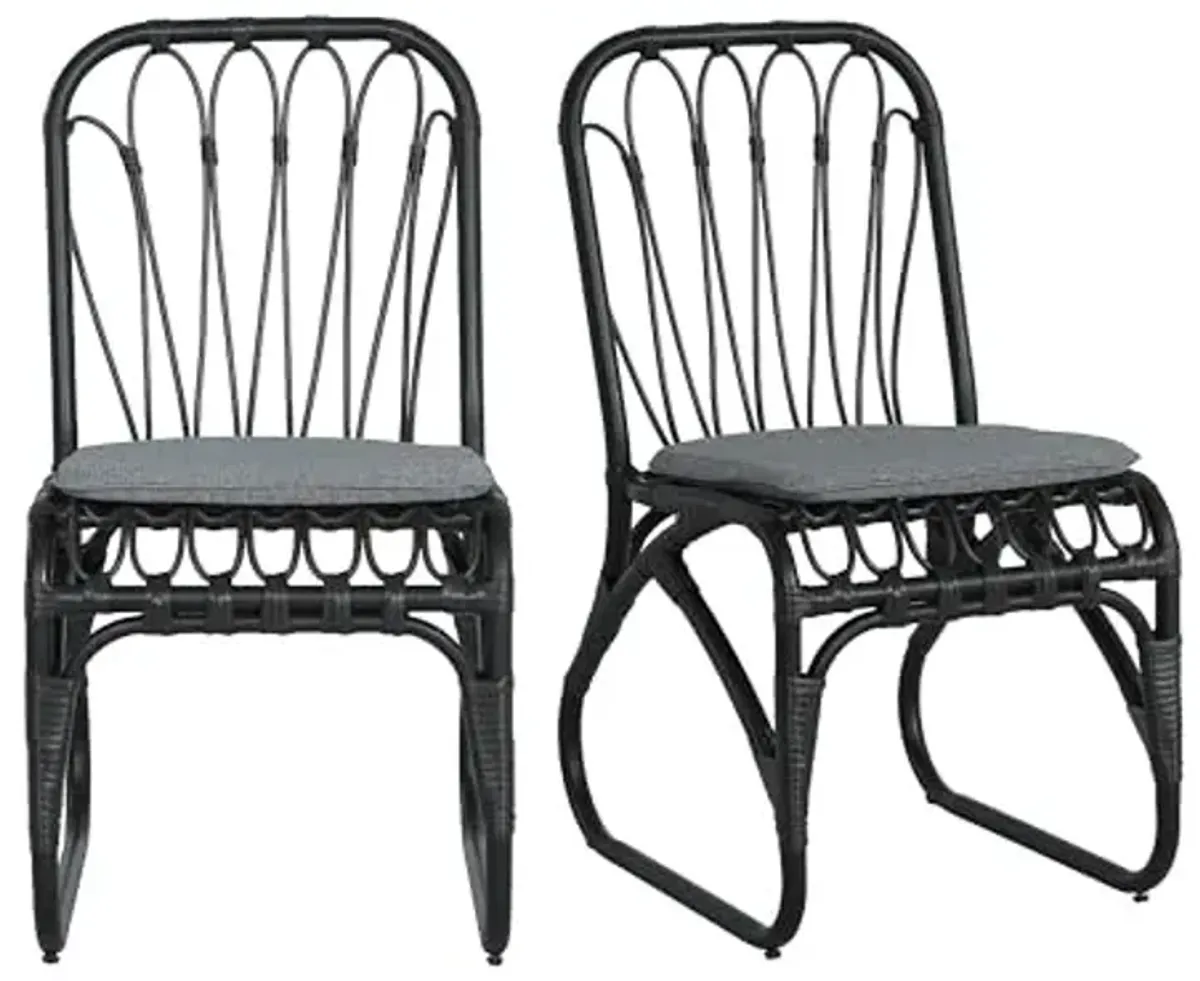 Christopher Knight Home Set of 2 Busby Patio PE Wicker Dining Chairs, Outdoor Woven Rattan Accent Chair with Iron Frame+Cushion, Fully Assembled Lounge Chair Outdoor for Garden/Balcony, Black+Grey