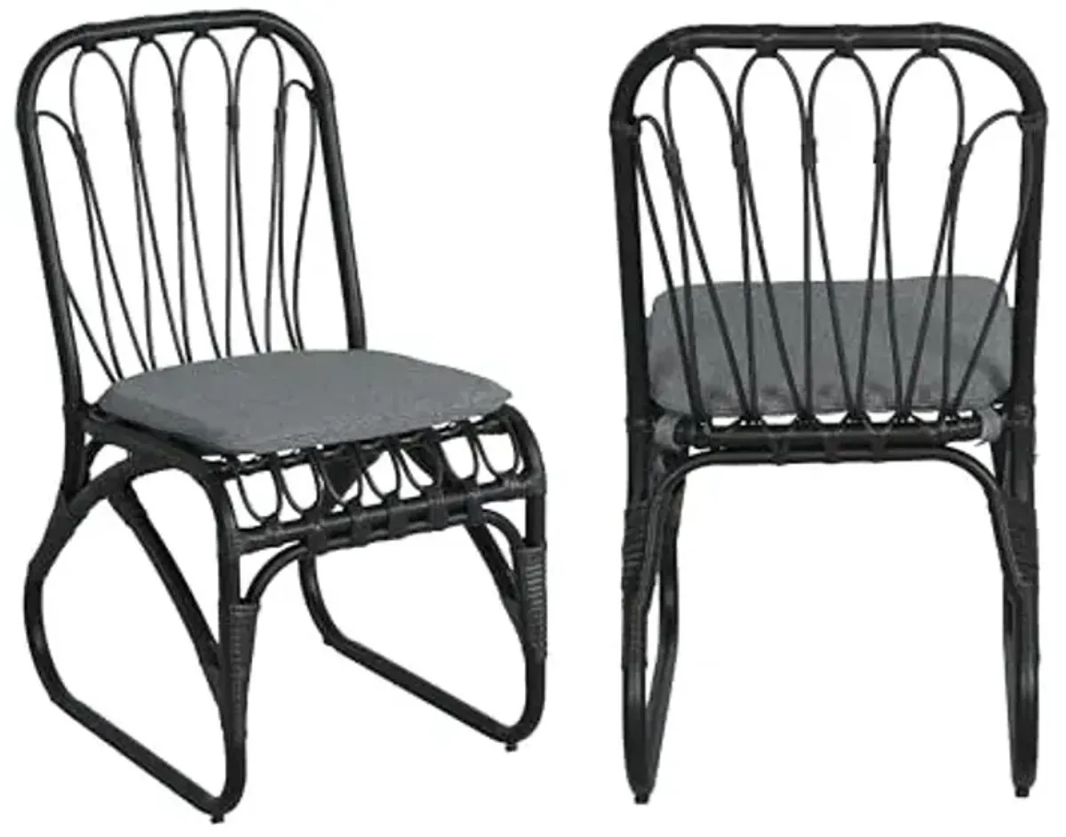 Christopher Knight Home Set of 2 Busby Patio PE Wicker Dining Chairs, Outdoor Woven Rattan Accent Chair with Iron Frame+Cushion, Fully Assembled Lounge Chair Outdoor for Garden/Balcony, Black+Grey