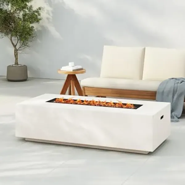 Christopher Knight Home Aidan Lightweight Concrete Outdoor Propane Fire Pit Table, 50,000 BTU Rectangular Fire Table for Patio Furniture Set (No Tank Holder), Fully Assembled Patio Fire Pit, White