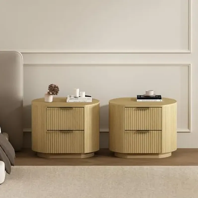 Manhattan Comfort Olivia Wooden Nightstands Set of 2 with 2 Drawers for Modern Bedroom or Living Room – Minimalist Bed Side Table Set with Rounded Corners and Metal Glam Handles, Natural Oak and Gold