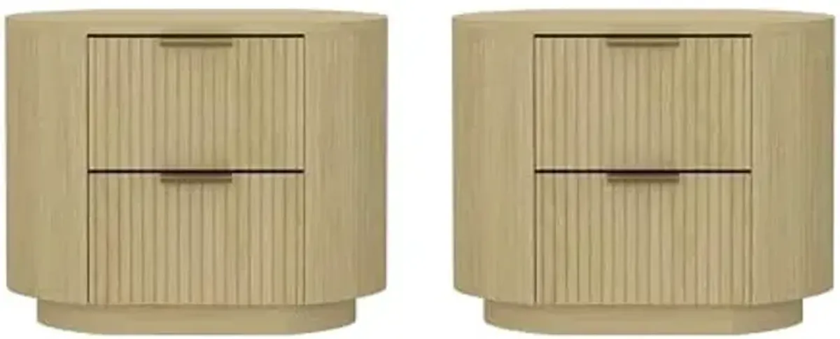 Manhattan Comfort Olivia Wooden Nightstands Set of 2 with 2 Drawers for Modern Bedroom or Living Room – Minimalist Bed Side Table Set with Rounded Corners and Metal Glam Handles, Natural Oak and Gold