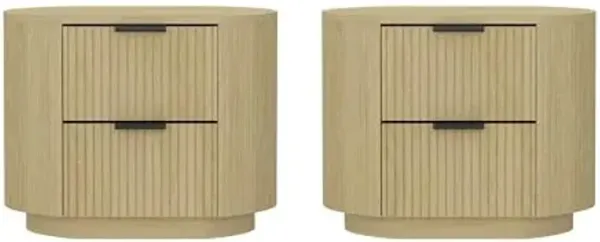 Manhattan Comfort Olivia Wooden Nightstands Set of 2 with 2 Drawers for Modern Bedroom or Living Room – Minimalist Bed Side Table Set with Rounded Corners and Metal Glam Handles, Natural Oak and Black