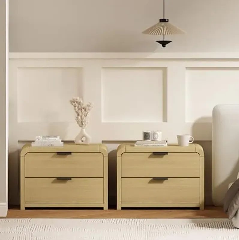 Manhattan Comfort Grace Modern Nightstands Set of 2 with 2 Storage Drawers – Wooden Bedside Table with Rounded Corners and Metal Handles for Bedroom or Living Room Furniture, Natural Oak and Black