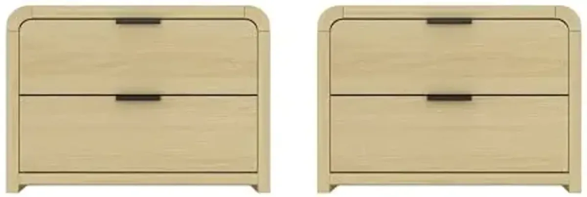 Manhattan Comfort Grace Modern Nightstands Set of 2 with 2 Storage Drawers – Wooden Bedside Table with Rounded Corners and Metal Handles for Bedroom or Living Room Furniture, Natural Oak and Black